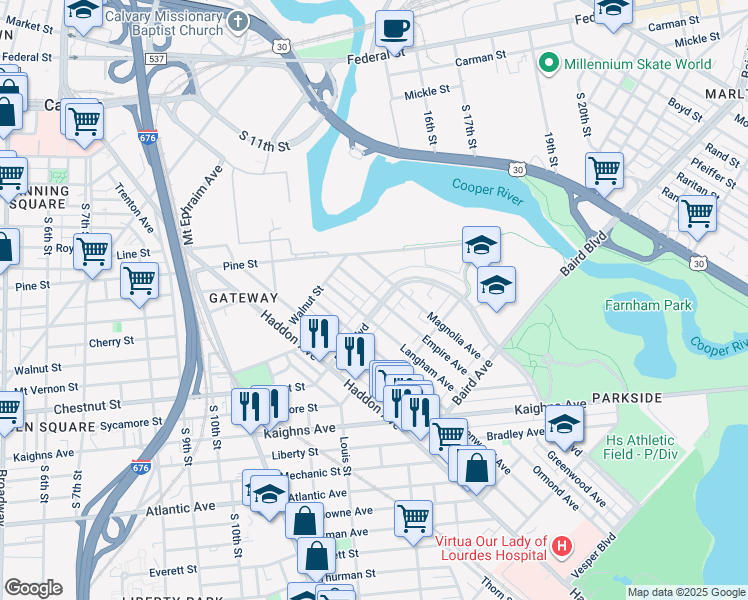 map of restaurants, bars, coffee shops, grocery stores, and more near 1419 Park Boulevard in Camden