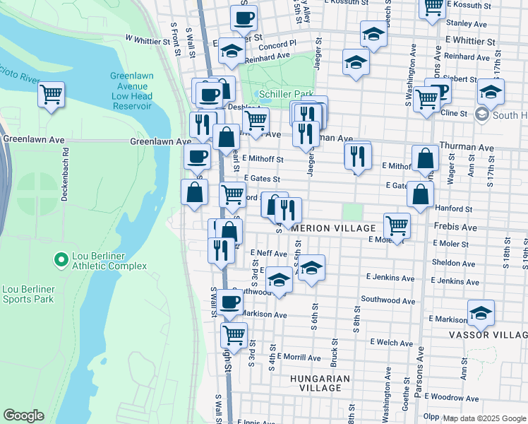 map of restaurants, bars, coffee shops, grocery stores, and more near 80 Frebis Avenue in Columbus