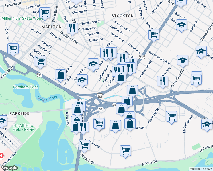 map of restaurants, bars, coffee shops, grocery stores, and more near 7119 Woodland Avenue in Pennsauken Township