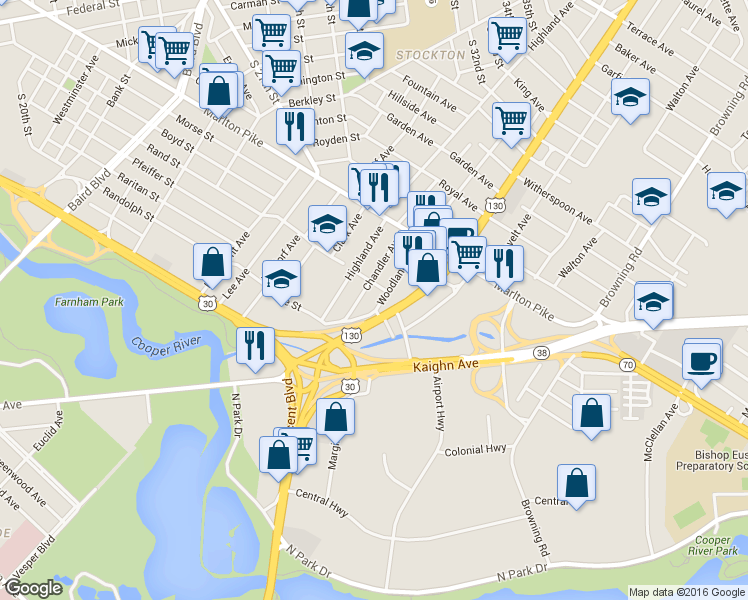 map of restaurants, bars, coffee shops, grocery stores, and more near 7119 Woodland Avenue in Pennsauken Township