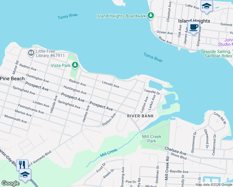 map of restaurants, bars, coffee shops, grocery stores, and more near 918 Radnor Avenue in Pine Beach
