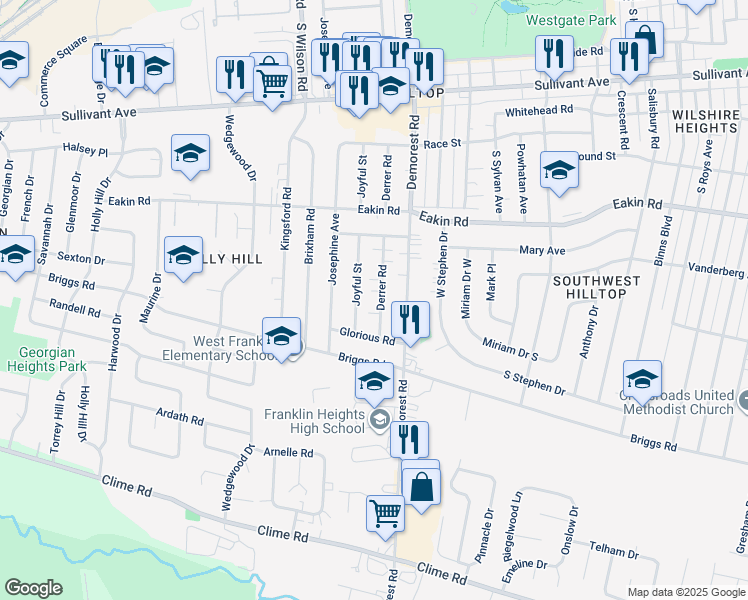map of restaurants, bars, coffee shops, grocery stores, and more near 869 Derrer Road in Columbus