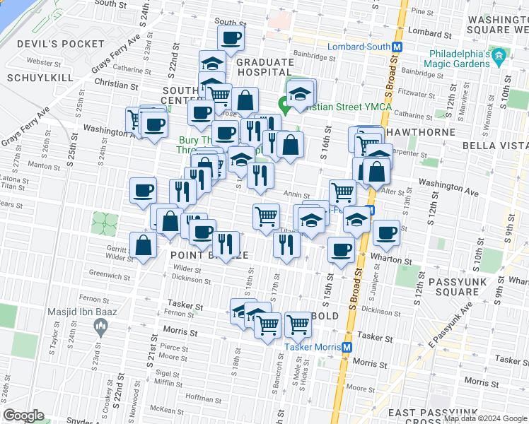 map of restaurants, bars, coffee shops, grocery stores, and more near 1215 South 18th Street in Philadelphia