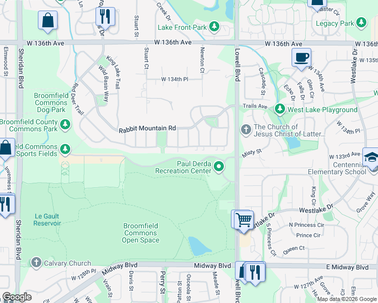 map of restaurants, bars, coffee shops, grocery stores, and more near 3950 Red Deer Trail in Broomfield