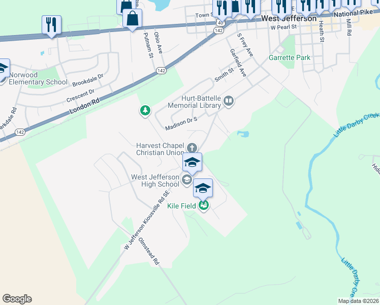 map of restaurants, bars, coffee shops, grocery stores, and more near 530 West Jefferson Kiousville Road Southeast in West Jefferson