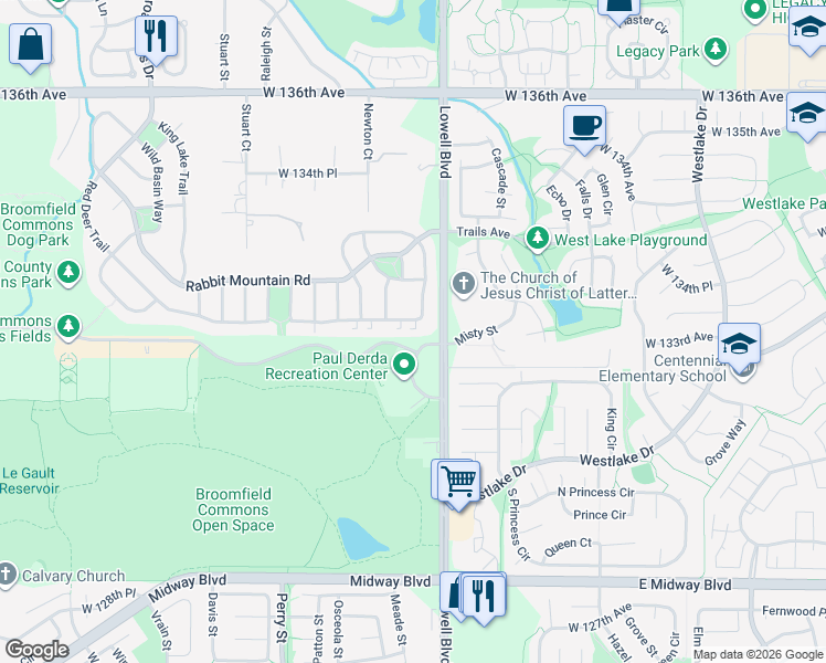 map of restaurants, bars, coffee shops, grocery stores, and more near 3740 Red Deer Trail in Broomfield