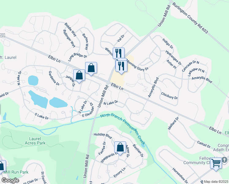 map of restaurants, bars, coffee shops, grocery stores, and more near 71 Center Lane in Mount Laurel Township