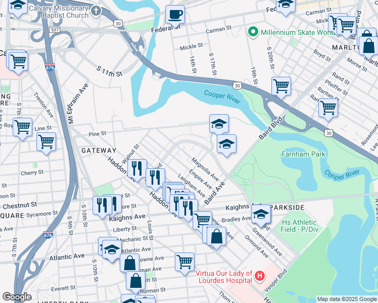 map of restaurants, bars, coffee shops, grocery stores, and more near 1125 Magnolia Avenue in Camden