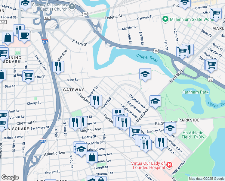 map of restaurants, bars, coffee shops, grocery stores, and more near 1419 Park Boulevard in Camden