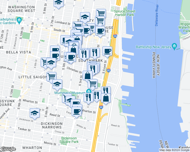 map of restaurants, bars, coffee shops, grocery stores, and more near 852 South 2nd Street in Philadelphia
