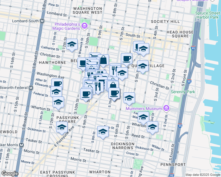 map of restaurants, bars, coffee shops, grocery stores, and more near 1030 East Passyunk Avenue in Philadelphia