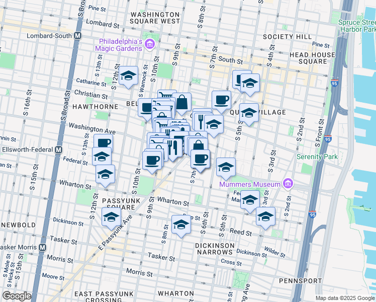 map of restaurants, bars, coffee shops, grocery stores, and more near 1030 East Passyunk Avenue in Philadelphia