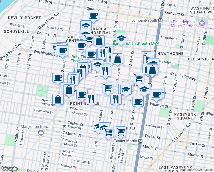 map of restaurants, bars, coffee shops, grocery stores, and more near 1226 South 18th Street in Philadelphia
