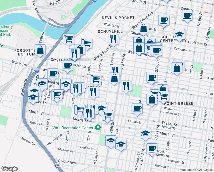 map of restaurants, bars, coffee shops, grocery stores, and more near 1324 South 26th Street in Philadelphia