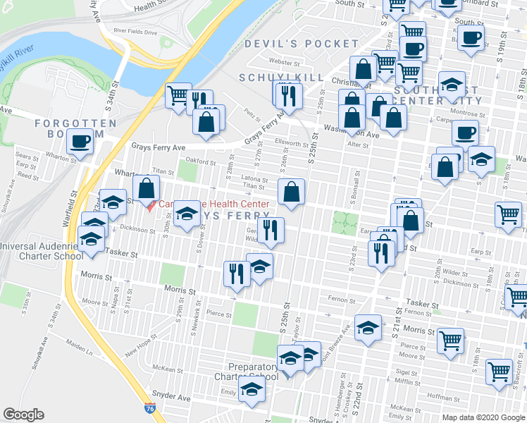 map of restaurants, bars, coffee shops, grocery stores, and more near 1324 South 26th Street in Philadelphia
