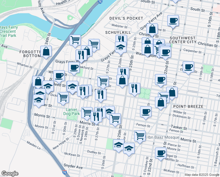 map of restaurants, bars, coffee shops, grocery stores, and more near in Philadelphia