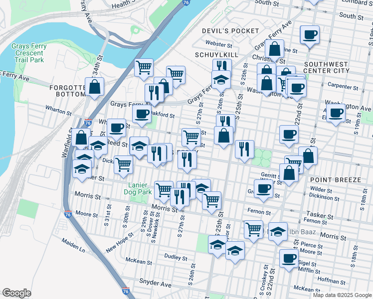 map of restaurants, bars, coffee shops, grocery stores, and more near in Philadelphia