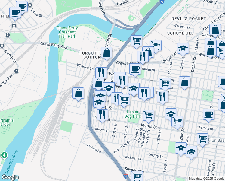 map of restaurants, bars, coffee shops, grocery stores, and more near 1425 South Patton Street in Philadelphia