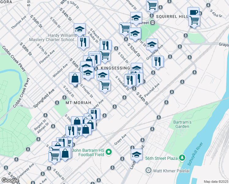 map of restaurants, bars, coffee shops, grocery stores, and more near 5522 Greenway Avenue in Philadelphia
