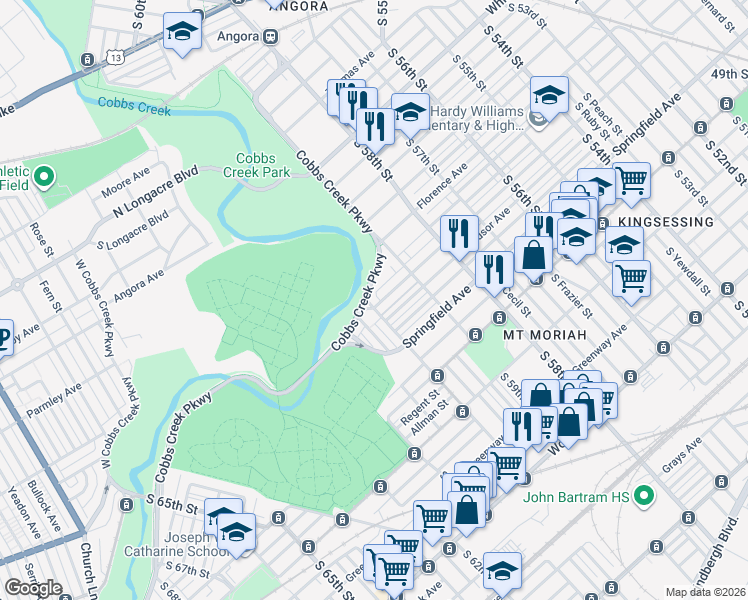 map of restaurants, bars, coffee shops, grocery stores, and more near 1609 South 60th Street in Philadelphia