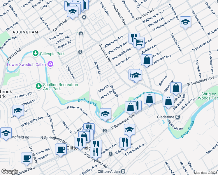 map of restaurants, bars, coffee shops, grocery stores, and more near 3910 Mary Street in Drexel Hill