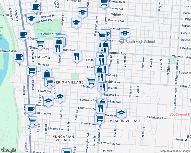 map of restaurants, bars, coffee shops, grocery stores, and more near 429 Hanford Street in Columbus
