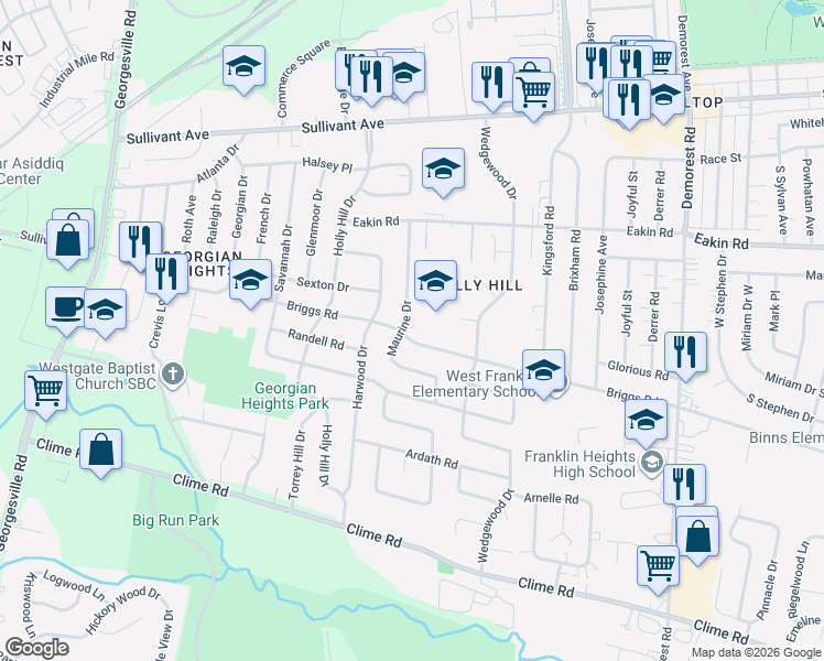 map of restaurants, bars, coffee shops, grocery stores, and more near 3852 Briggs Road in Columbus