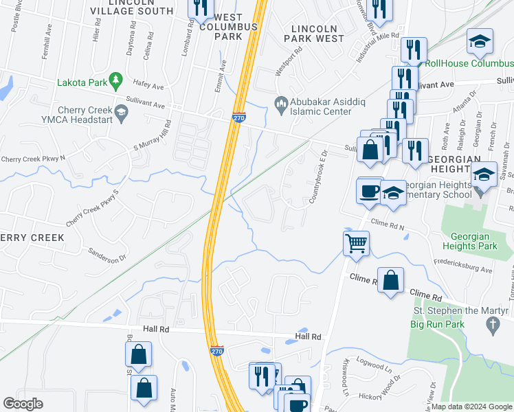 map of restaurants, bars, coffee shops, grocery stores, and more near 777 Avonia Drive in Columbus