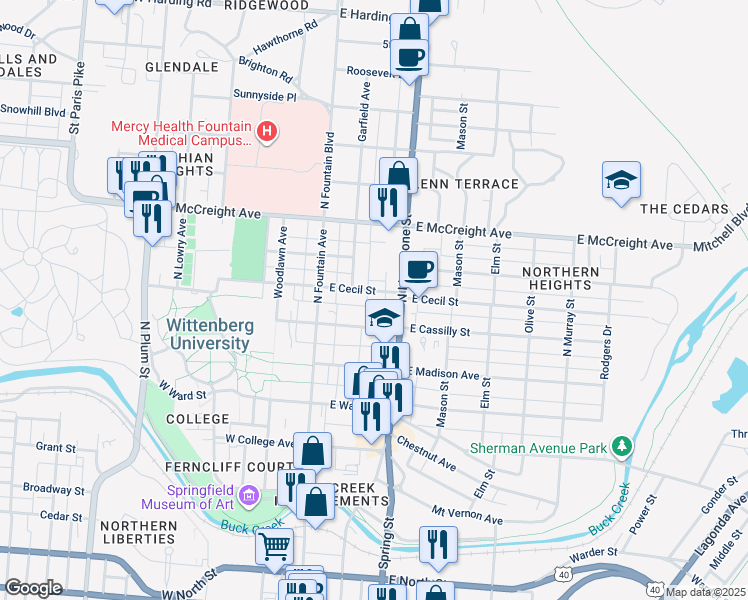 map of restaurants, bars, coffee shops, grocery stores, and more near 133 East Cecil Street in Springfield