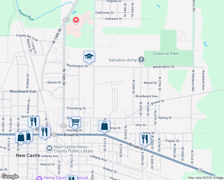 map of restaurants, bars, coffee shops, grocery stores, and more near 2120 Spring Street in New Castle
