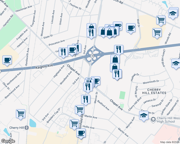 map of restaurants, bars, coffee shops, grocery stores, and more near Haddonfield Road in Cherry Hill