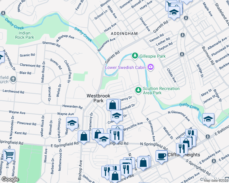 map of restaurants, bars, coffee shops, grocery stores, and more near 5158 Palmer Mill Road in Clifton Heights
