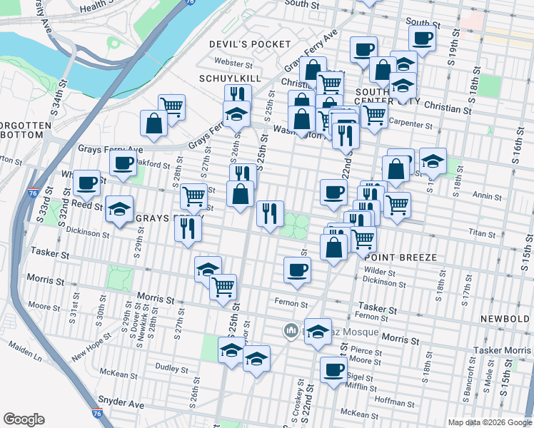 map of restaurants, bars, coffee shops, grocery stores, and more near 1309 South Taylor Street in Philadelphia