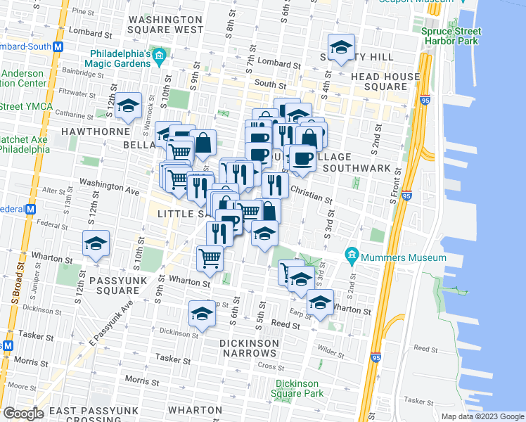 map of restaurants, bars, coffee shops, grocery stores, and more near 516 1/2 Carpenter Street in Philadelphia