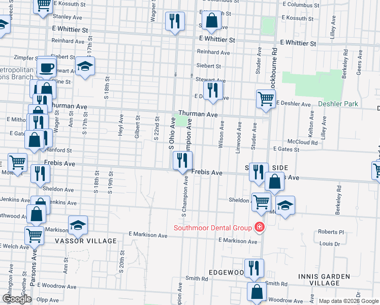 map of restaurants, bars, coffee shops, grocery stores, and more near 1410 South Champion Avenue in Columbus