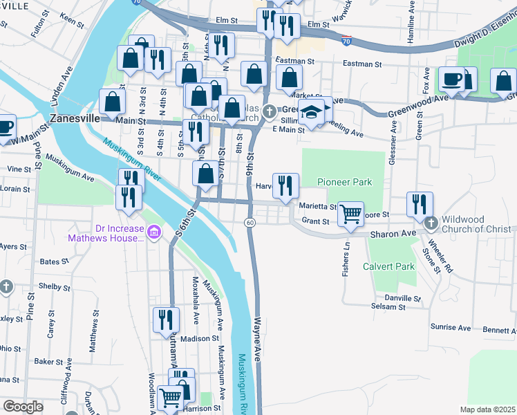 map of restaurants, bars, coffee shops, grocery stores, and more near 920 Marietta Street in Zanesville