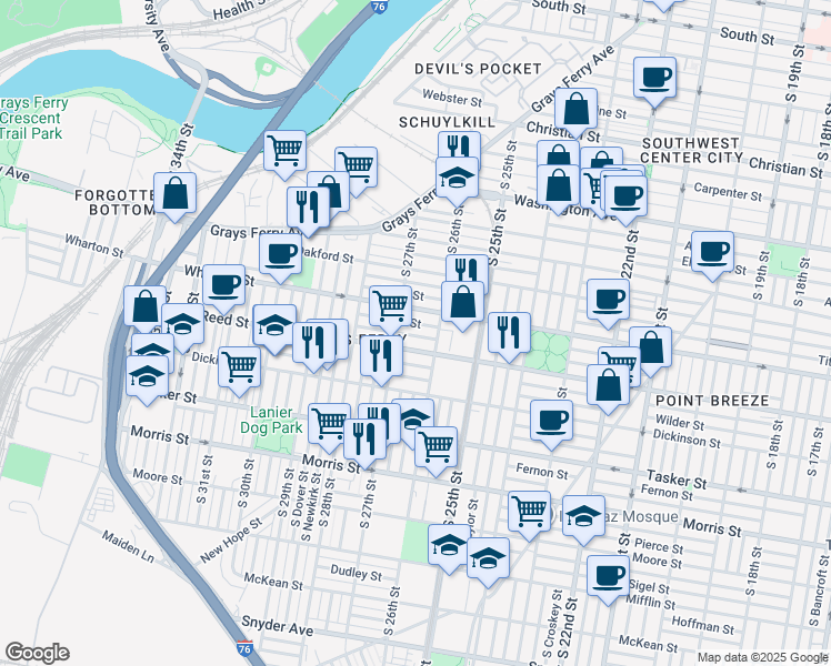 map of restaurants, bars, coffee shops, grocery stores, and more near in Philadelphia