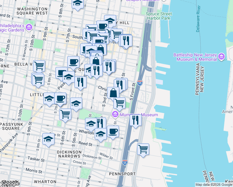 map of restaurants, bars, coffee shops, grocery stores, and more near 852 South 2nd Street in Philadelphia