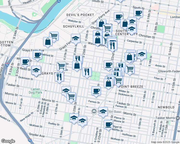 map of restaurants, bars, coffee shops, grocery stores, and more near 1300 South 24th Street in Philadelphia