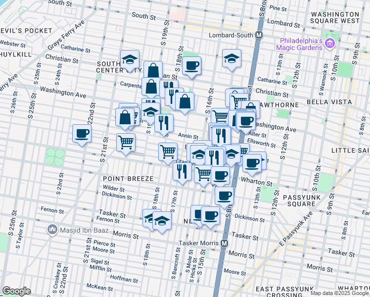 map of restaurants, bars, coffee shops, grocery stores, and more near 1213 South 17th Street in Philadelphia