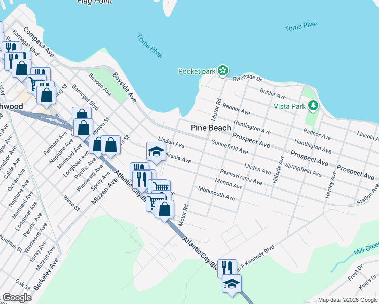 map of restaurants, bars, coffee shops, grocery stores, and more near 225 Linden Avenue in Pine Beach