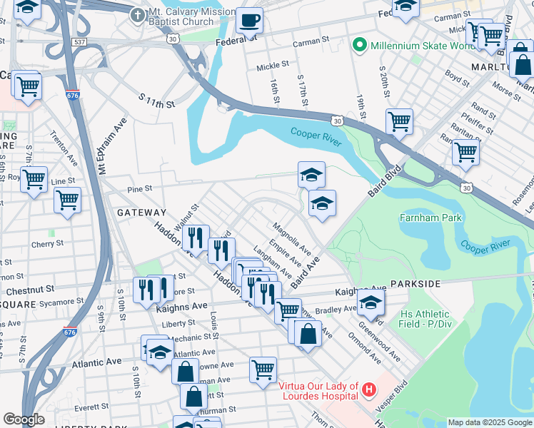 map of restaurants, bars, coffee shops, grocery stores, and more near 1128 Magnolia Avenue in Camden