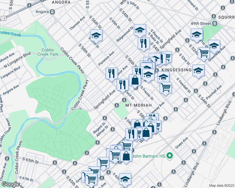 map of restaurants, bars, coffee shops, grocery stores, and more near 5813 Trinity Street in Philadelphia