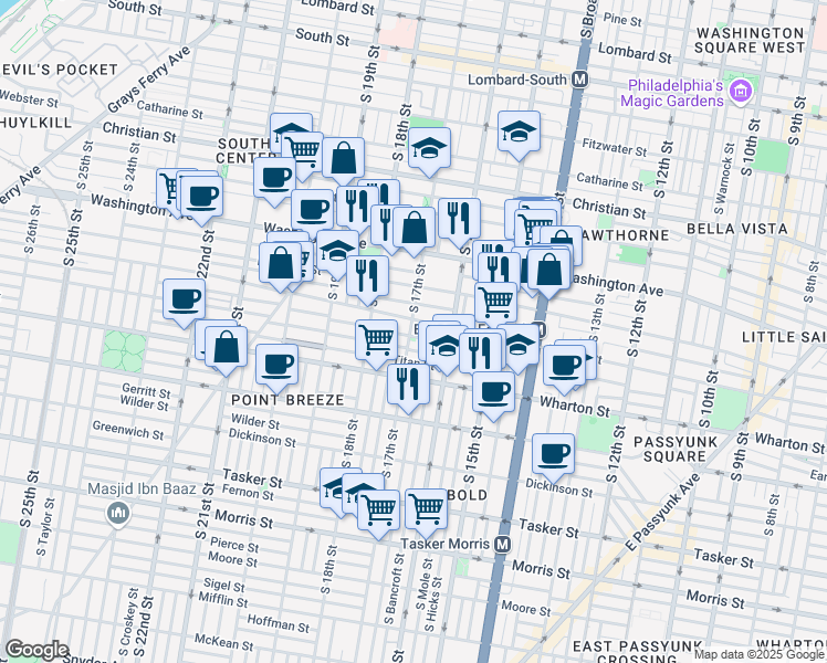 map of restaurants, bars, coffee shops, grocery stores, and more near 1213 South 17th Street in Philadelphia