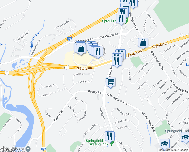 map of restaurants, bars, coffee shops, grocery stores, and more near 345 Collins Drive in Springfield