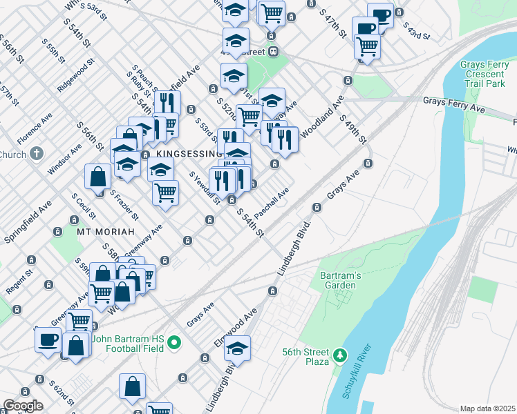 map of restaurants, bars, coffee shops, grocery stores, and more near 1742 South Ruby Street in Philadelphia