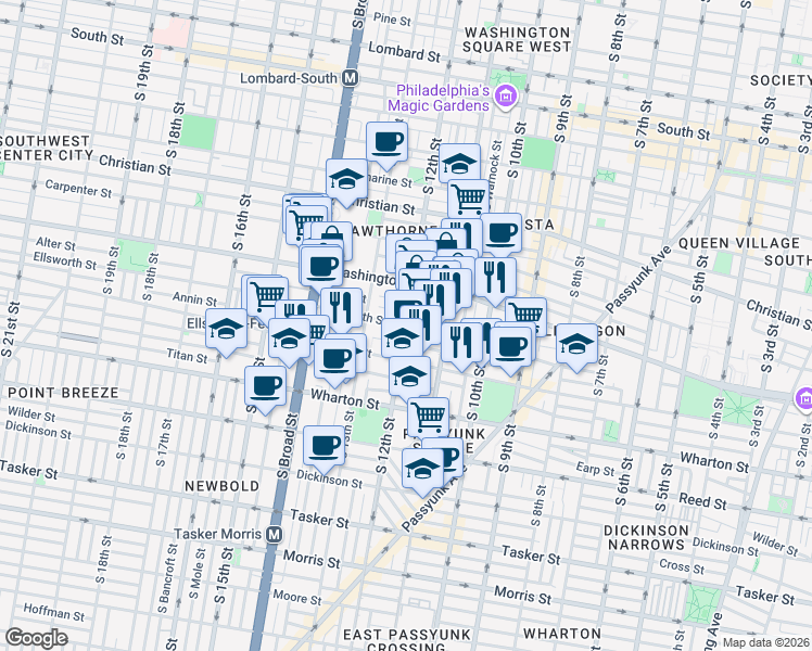 map of restaurants, bars, coffee shops, grocery stores, and more near S 12th St & Ellsworth St in Philadelphia