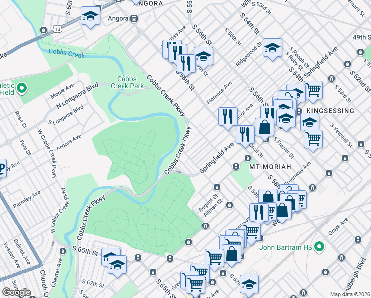 map of restaurants, bars, coffee shops, grocery stores, and more near 1609 South 60th Street in Philadelphia