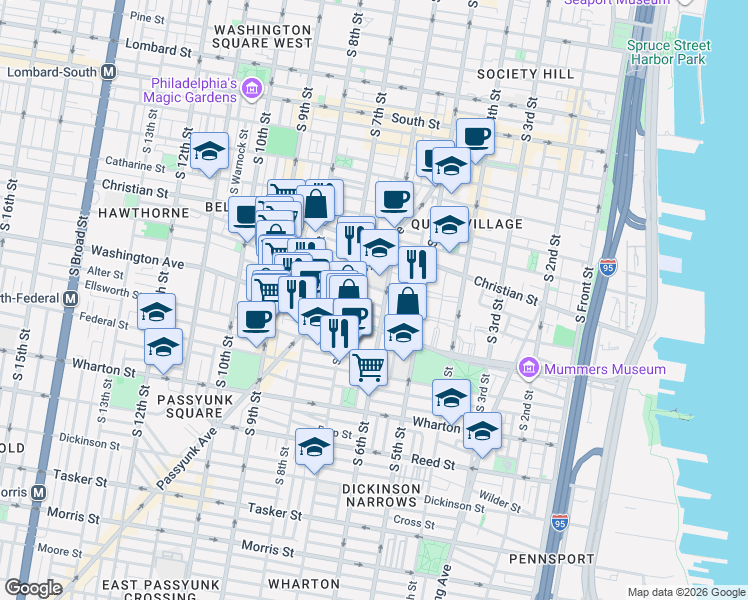 map of restaurants, bars, coffee shops, grocery stores, and more near 620 Kimball Street in Philadelphia
