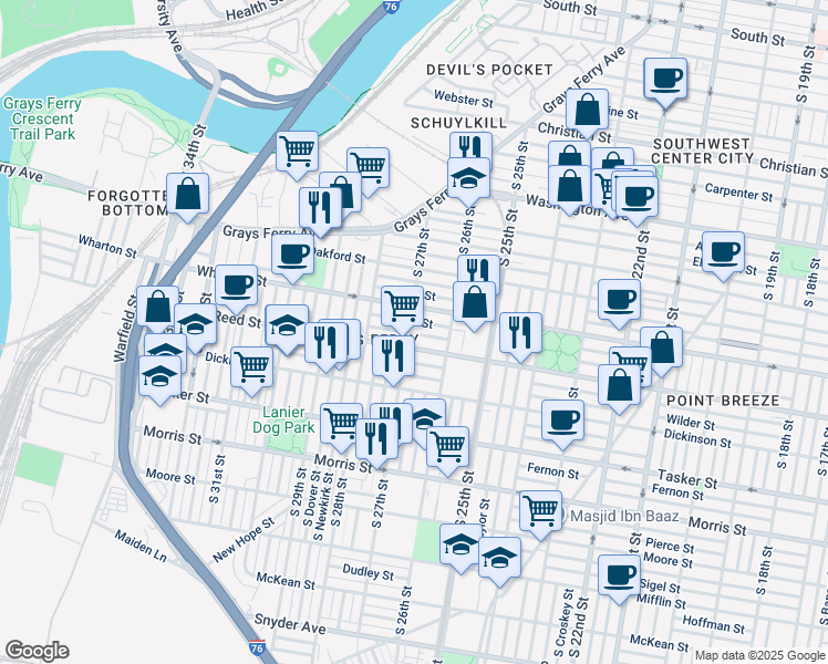 map of restaurants, bars, coffee shops, grocery stores, and more near 1327 South 27th Street in Philadelphia